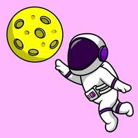 lindo astronauta atrapando la ilustración del icono del vector de dibujos animados de la luna. concepto de dibujos animados plana