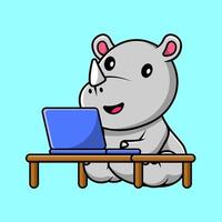 Cute Rhino Working On Laptop Cartoon Vector Icon Illustration. Flat Cartoon Concept