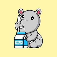 Cute Rhino Drink Milk Cartoon Vector Icon Illustration. Animal Flat Cartoon Concept