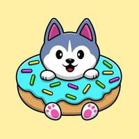 lindo perro husky en ilustración de icono de vector de dibujos animados de donut. concepto de dibujos animados plana