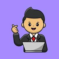 Man Employee Love Sign Hand With Laptop Cartoon Vector Icon Illustration. People Technology Flat Cartoon Concept