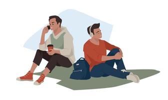 The guy listens to music in headphones. The guy is talking on the phone. The students are sitting on the grass. Rest in the meadow. Vector image.