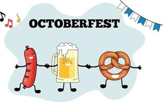 conjunto del festival de la cerveza oktoberfest. jarra de cerveza, salchicha, pretzel. ilustración o afiche para unas vacaciones. vector