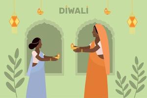 feliz celebración de diwali linternas de cielo de fondo urbano. lámparas de aceite iluminadas una mujer con un vestido tradicional sosteniendo lámparas del festival de diwali en la mano vector