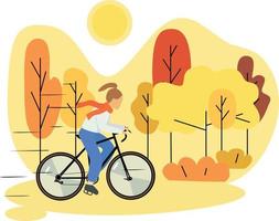 Poster hello autumn. Girl on a bike.  Walk. Autumn nature, park, hills and fields, landscape with trees and plants, sky with clouds and falling  leaves. Vector illustration.
