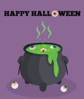 Halloween. Cauldron with potion. The scary ingredients are the eyes. Creepy and fun happy halloween layout design. Vector collection.