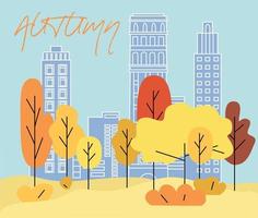 Poster hello autumn. Walk. Autumn nature, park, hills and fields,  landscape with trees and plants, sky with clouds and falling leaves. Vector illustration.