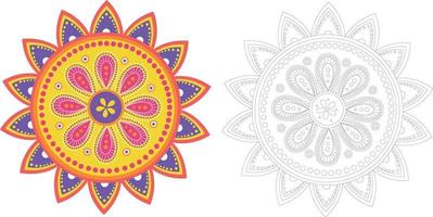 Flower Mandala coloring page. Color with your color. Diwali. oriental mandala, indian culture, buddhist religion. Yellow, pink, purple