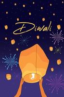 Diwali. hands hold launch sky lantern. India. Happy Diwali holiday. Illuminated oil lamps. Indian traditions vector