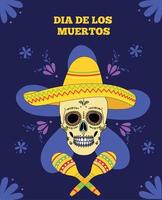 Day of the dead, Dia de los moertos, banner with colorful Mexican flowers. Vector skeleton skull in sombrero. Smiling sugar festive skull. Fiesta, holiday poster. maracas. Mexico