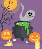 Scary and funny faces of Halloween pumpkin or ghost. vector collection. Cauldron with potion. Creepy and fun happy halloween layout design.