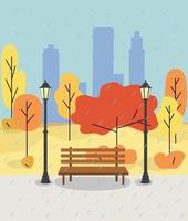 Hello, autumn. Bench on the background of the city and the forest. Autumn nature, park, hills and fields, landscape with trees and plants, sky with clouds and falling leaves. Vector illustration.