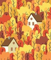 Poster hello autumn. Autumn forest. Nature, park, hills and fields,  landscape with trees and plants, sky with clouds and falling leaves. Vector illustration.