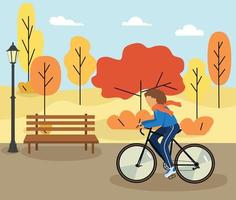Poster hello autumn. Girl on a bike.  Walk. Autumn nature, park, hills and fields, landscape with trees and plants, sky with clouds and falling  leaves. Vector illustration.