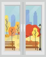 poster hello autumn. Autumn landscape from the apartment window. Nature, park, hills and fields, landscape with trees and plants, sky with clouds and falling leaves. vector illustration.