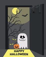 feliz Halloween. el fantasma colecciona dulces. puerta abierta truco o trato. noche, luna, murciélagos. lindo personaje de dibujos animados aterrador niño divertido. vector