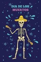 Day of the dead, Dia de los moertos, banner with colorful Mexican flowers. Vector skeleton skull in sombrero. Smiling sugar festive skull. Fiesta, holiday poster. maracas. Mexico