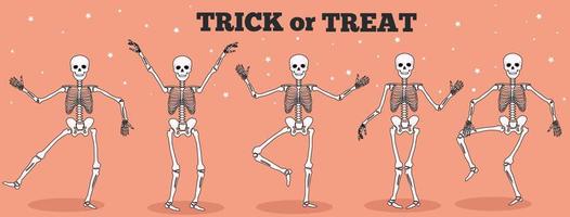 esqueletos divertidos bailando. día de muertos, ilustración de vector de concepto de halloween. truco o trato.