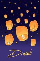 Diwali. Lots of sky lanterns against the sky. India. Happy Diwali holiday. Illuminated oil lamps. Indian traditions vector