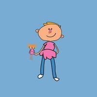 Kid wearing a pink dress and playing with a doll, transgender kid illustration for comics, kid's book and children's book vector. vector