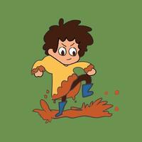 niño enojado pisando fuerte en el barro, ilustración, vector para libro de niños