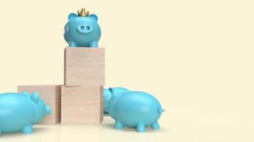 The blue pig bank and crown on wood cube for business content 3d rendering photo