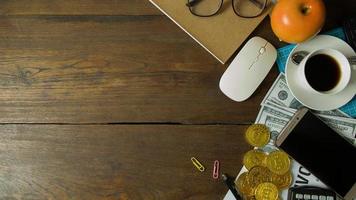 Business person working on wood table Flat lay background. photo