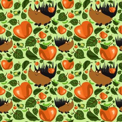 Summer Forest pattern with cute hedgehogs, caterpillars, beetles, apples and apple tree leaves. Seamless pattern for fabric, paper and other printing and web projects.