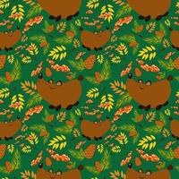patrón de bosque de otoño con osos lindos, hojas y frutas de serbal, ramas de pino y conos. patrón sin costuras para tela, papel y otros proyectos de impresión y web. vector