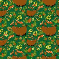 Autumn Forest pattern with cute bears, rowan leaves and fruits, pine branches and cones. Seamless pattern for fabric, paper and other printing and web projects. vector