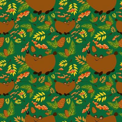 Autumn Forest pattern with cute bears, rowan leaves and fruits, pine branches and cones. Seamless pattern for fabric, paper and other printing and web projects.