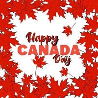 cartel del feliz día de canadá. ilustración de vector de bandera canadiense, tarjeta de felicitación o póster con letras de caligrafía dibujadas a mano. hoja de arce roja de canadá