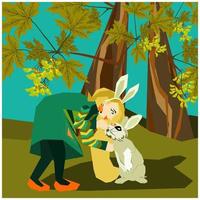 Cute cartoon boho style dressed girl in headband with bunny ears in the maple tree forest kissing little rabbit or bunny in his forehead. Vector illustration for childrens book, fairy tale