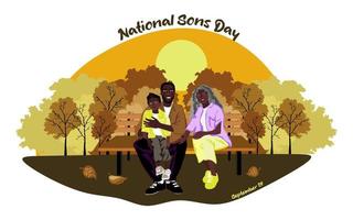 feliz familia afroamericana sentada en un banco del parque cuando hace sol. diseño vectorial conceptual del día nacional de los hijos. madre anciana sentada en un banco con su hijo y su nieto vector