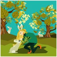 Cute cartoon boho style dressed girl in headband with bunny ears in the maple tree forest kissing little rabbit or bunny in his forehead. Vector illustration for childrens book, fairy tale