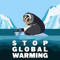 Global warming abstract concept. Fur seal drifting on a small ice floe of melting antarctic glacier. Flat cartoon vector illustration, Stop Global Warming quote