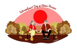 día internacional de la ilustración vectorial de las personas mayores. anciana asiática y hombre. feliz y sonriente anciana y hombre están sentados en un banco y tomados de la mano vector