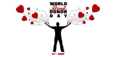 afiche del día mundial del donante de sangre, humano dona sangre, bolsa de sangre, corazón y vector de silueta humana