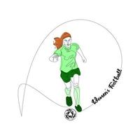 Continuous line drawing or single line drawing of a woman playing football or soccer and kicking the ball. Line art. Vector isolated on white background