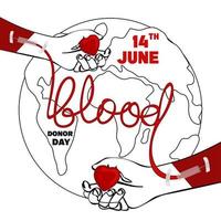 afiche del día mundial del donante de sangre, humano dona sangre, bolsa de sangre, vector de corazón y mano