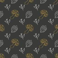 Mushroom and acorn pattern on a black background for textile or packaging design vector