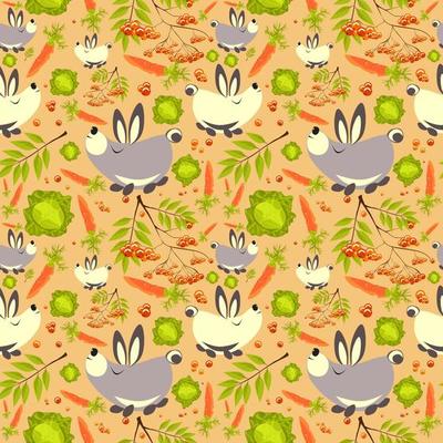 Summer forest pattern with cute hares, carrots, cabbages, rowan leaves and fruits. Seamless pattern for fabric, paper and other printing and web projects.