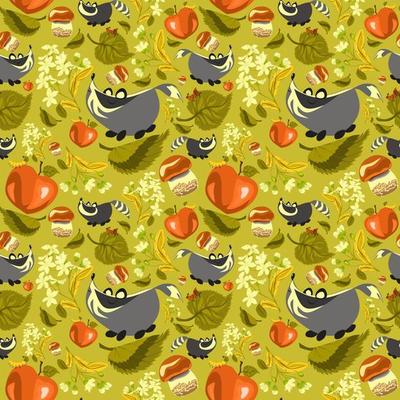 Summer forest pattern with cute raccoons, badgers, mushrooms, apples, flowers and leaves. Seamless pattern for fabric, paper and other printing and web projects.