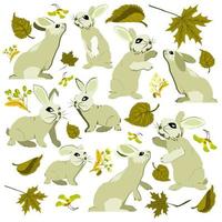 Rabbits collection. Vector clipart illustration of cute cartoon brown bunny in different poses and actions, sitting, laying and linden leaves and flowers, and maple leaves and seeds.