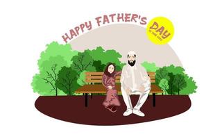 Happy Muslim family sits on a park bench in sunny weather. Happy fathers day conceptual vector design. Father sits on a bench with his kids