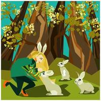 Cute cartoon boho style dressed girl in headband with bunny ears in the maple tree forest kissing little rabbit or bunny in his forehead. Vector illustration for childrens book, fairy tale