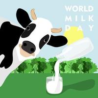 World Milk Day Vector graphic vector design. Banner, post or card with lettering. Milk from a glass bottle is poured into a glass on the background of trees, sky and sun and a cow