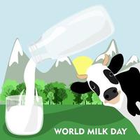 diseño gráfico vectorial del día mundial de la leche. pancarta, publicación o tarjeta con letras. la leche de una botella de vidrio se vierte en un vaso sobre el fondo de los árboles, el cielo y el sol y una vaca vector