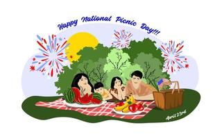 Happy Asian family enjoying picnic. Picnic Day banner. They are are lying on the grass in a park, the basket with meal, on a checkered red and white tablecloth watermelon and fruit in a plate