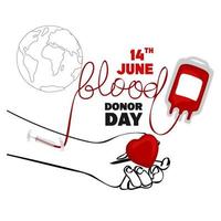 World blood donor day poster, Human donates blood, blood bag, heart and hand vector